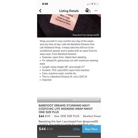 Barefoot Dreams CozyChic Lite Cliffside Cardigan Sweater Wrap Navy One‎ Size - Picture 14 of 14